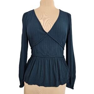 Knox Rose Top Womens Small Peplum Hem Metallic Silver Teal V Neck Smocked Waist